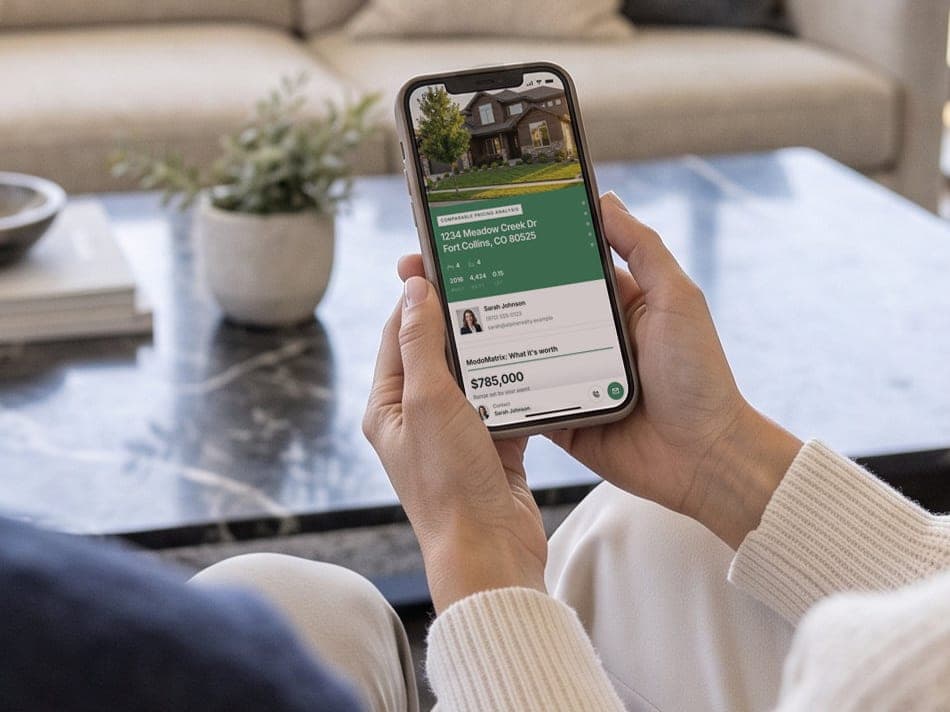 A seller holds a phone open to the online Kompmodo report for 1234 Meadow Creek Dr, at What it’s worth: $785,000.