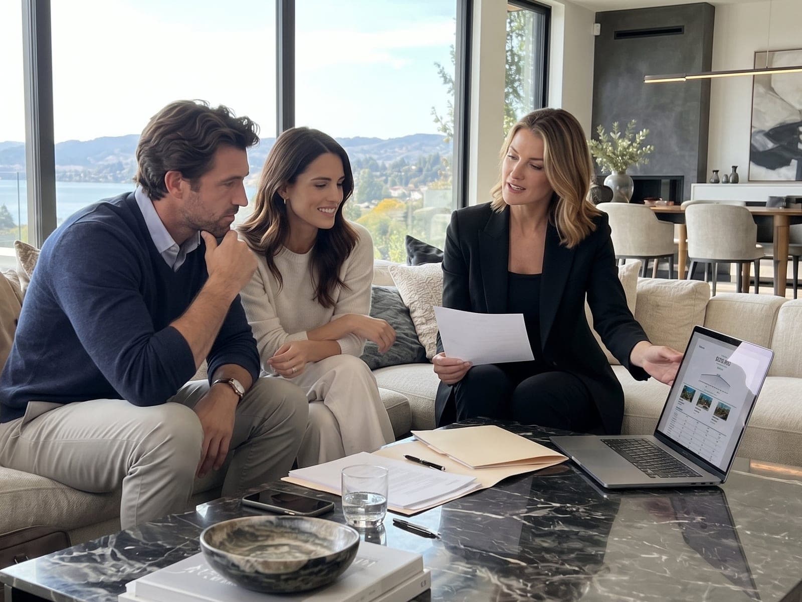 An agent on a sofa walks a couple through a Kompmodo report, holding a printed page and pointing to the comparables on her laptop.