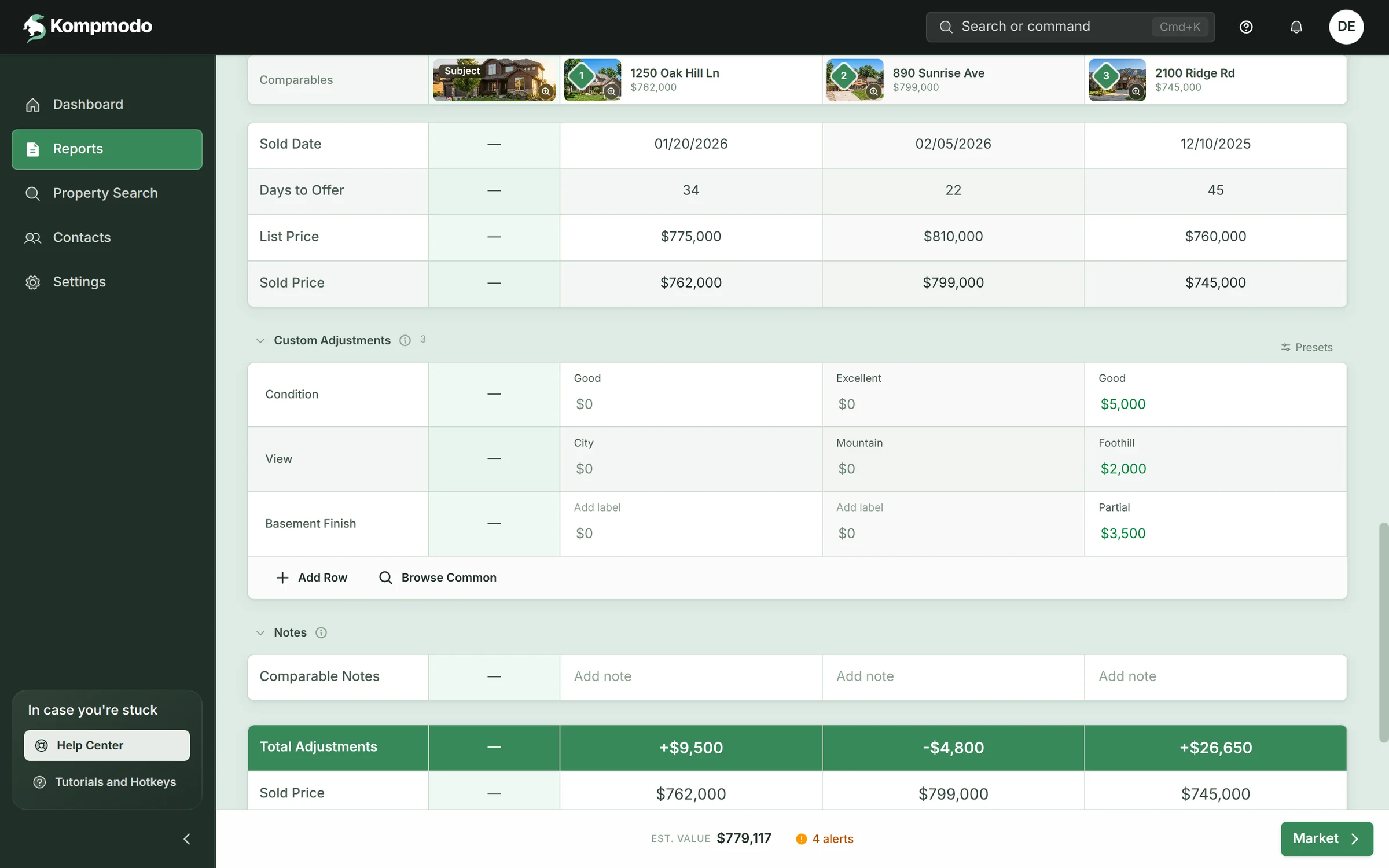 Kompmodo app, adjustments: sale dates, days to offer, list and sold prices for each comparable, custom adjustments for condition, view and basement finish, and total adjustments of +$9,500, −$4,800 and +$26,650.