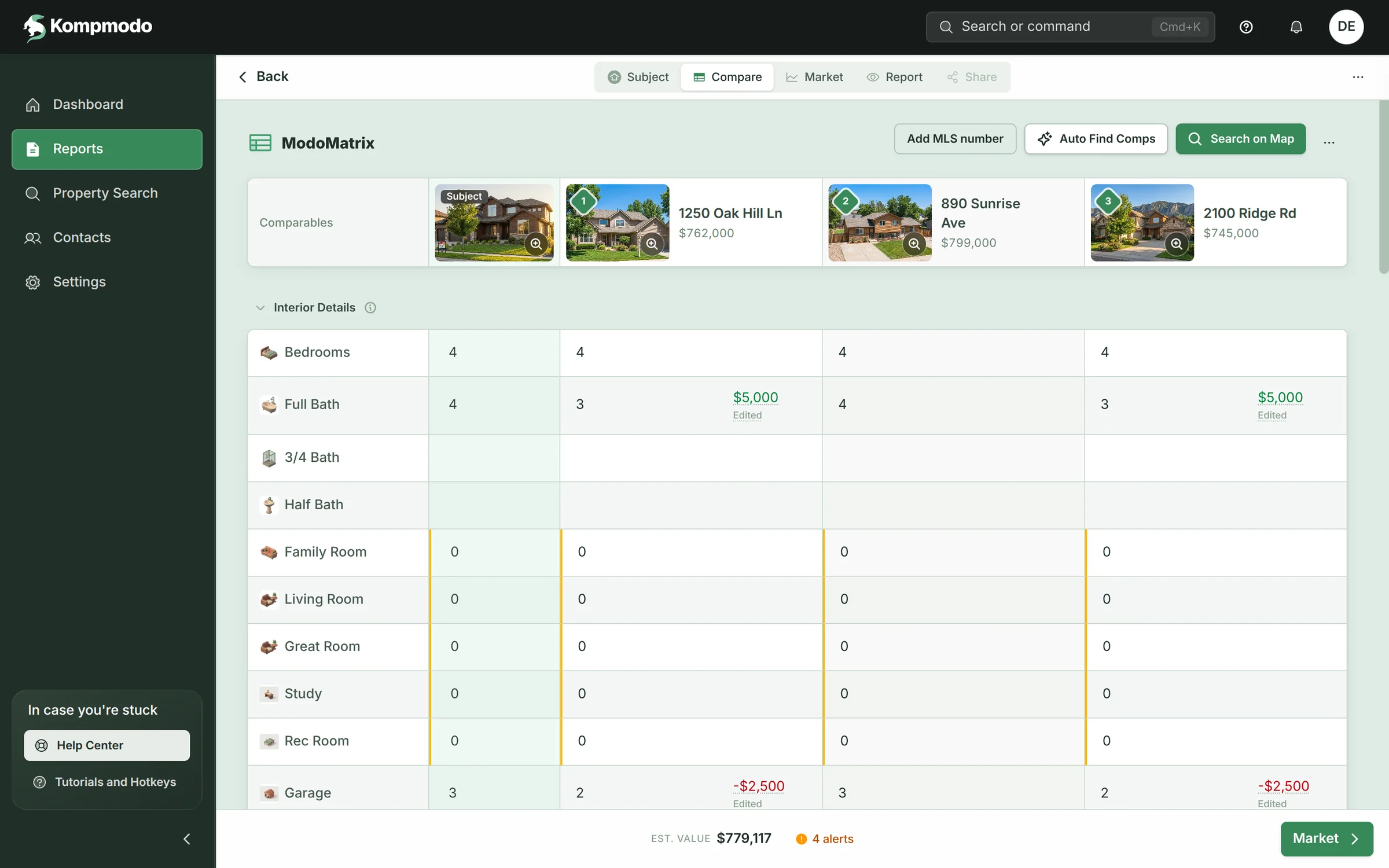 Kompmodo app, ModoMatrix: the subject beside three comparables, 1250 Oak Hill Ln ($762,000), 890 Sunrise Ave ($799,000) and 2100 Ridge Rd ($745,000), with bedrooms, baths and rooms compared and adjustments such as +$5,000 for a missing bathroom.