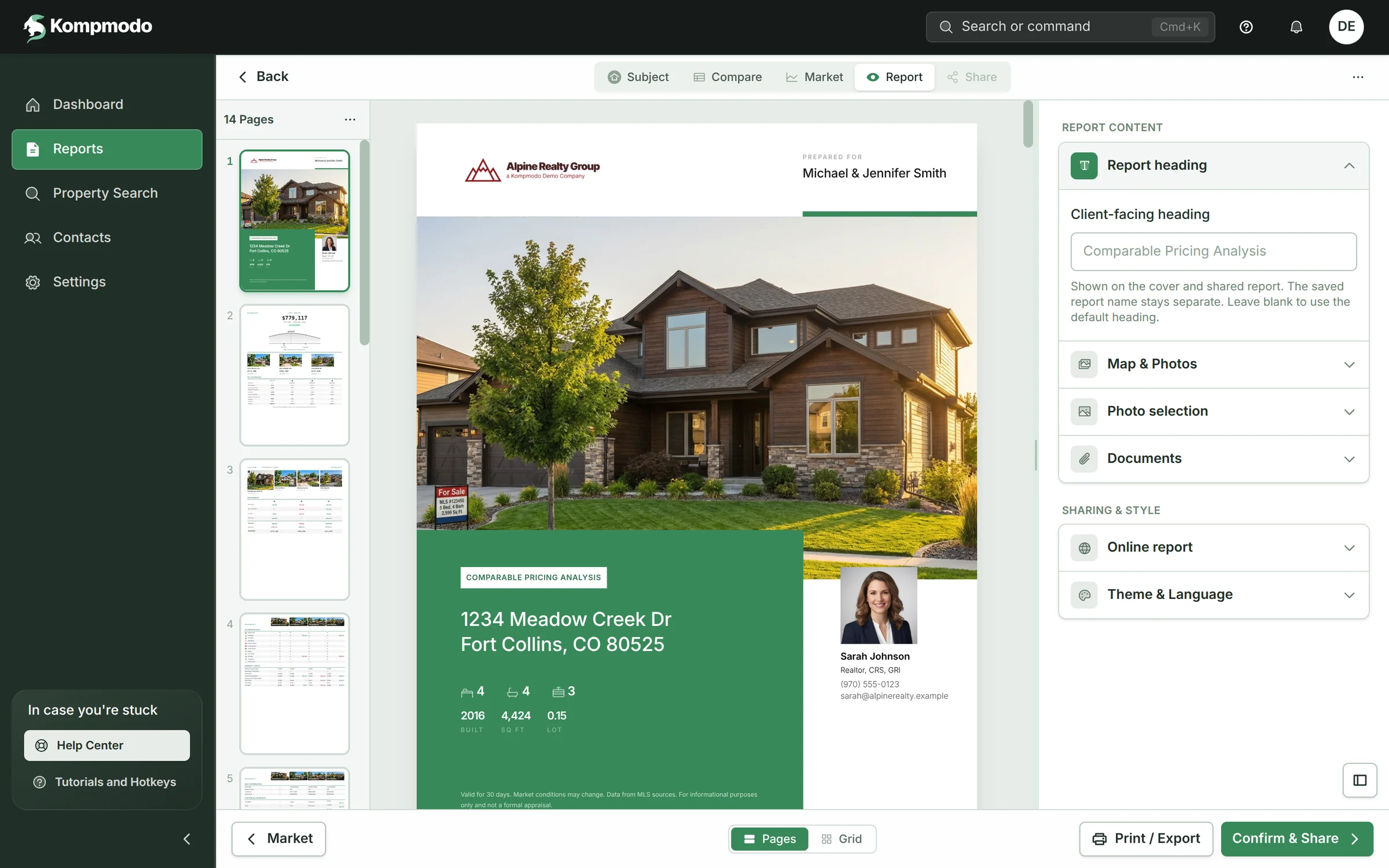 Kompmodo app, report editor: a 14-page report for 1234 Meadow Creek Dr with page thumbnails, the cover with Sarah Johnson's branding, and report content settings.