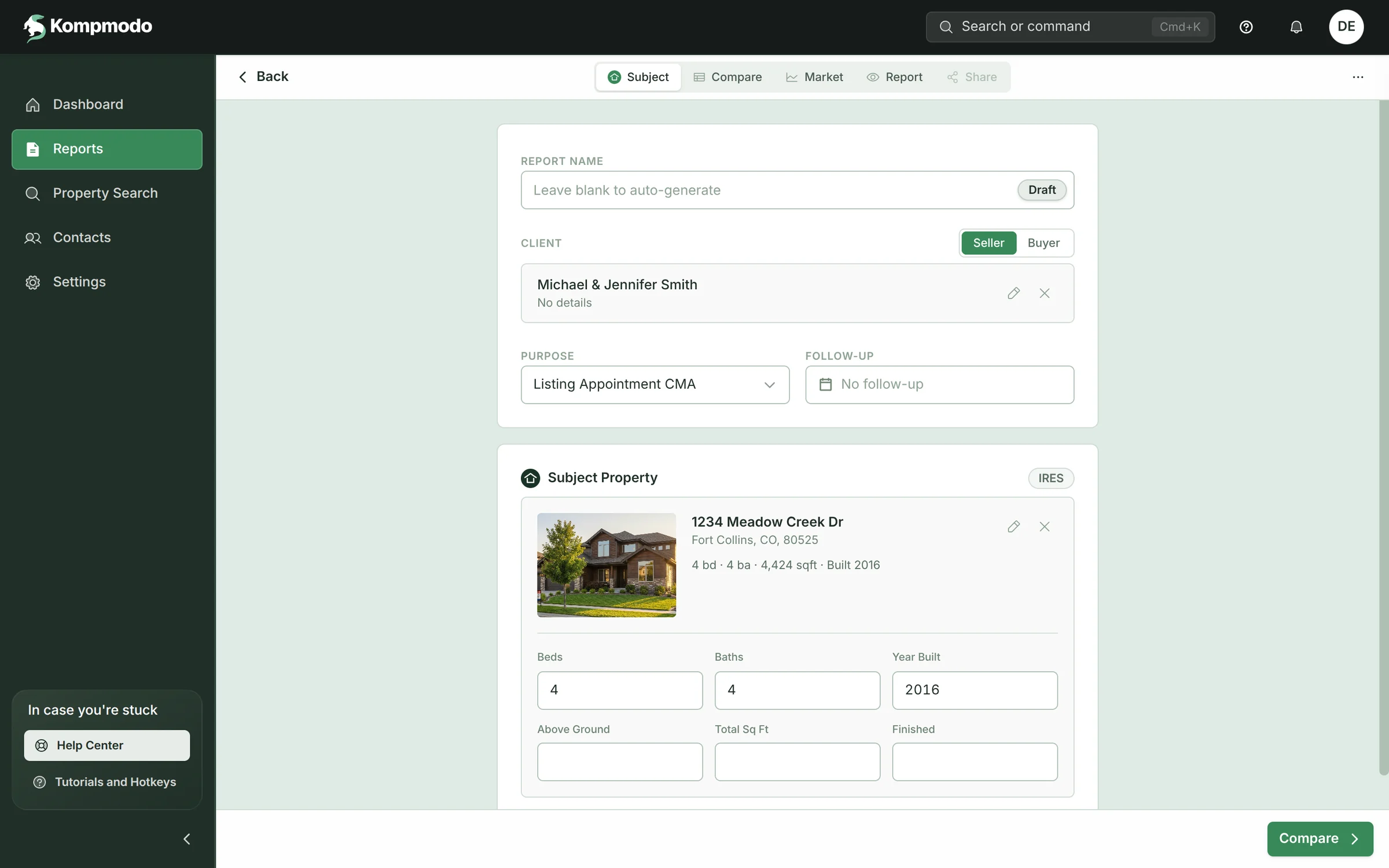 Kompmodo app, Subject step: client Michael & Jennifer Smith, a listing appointment CMA, and the subject property 1234 Meadow Creek Dr, Fort Collins, 4 beds, 4 baths, 4,424 sqft, built 2016, from IRES.