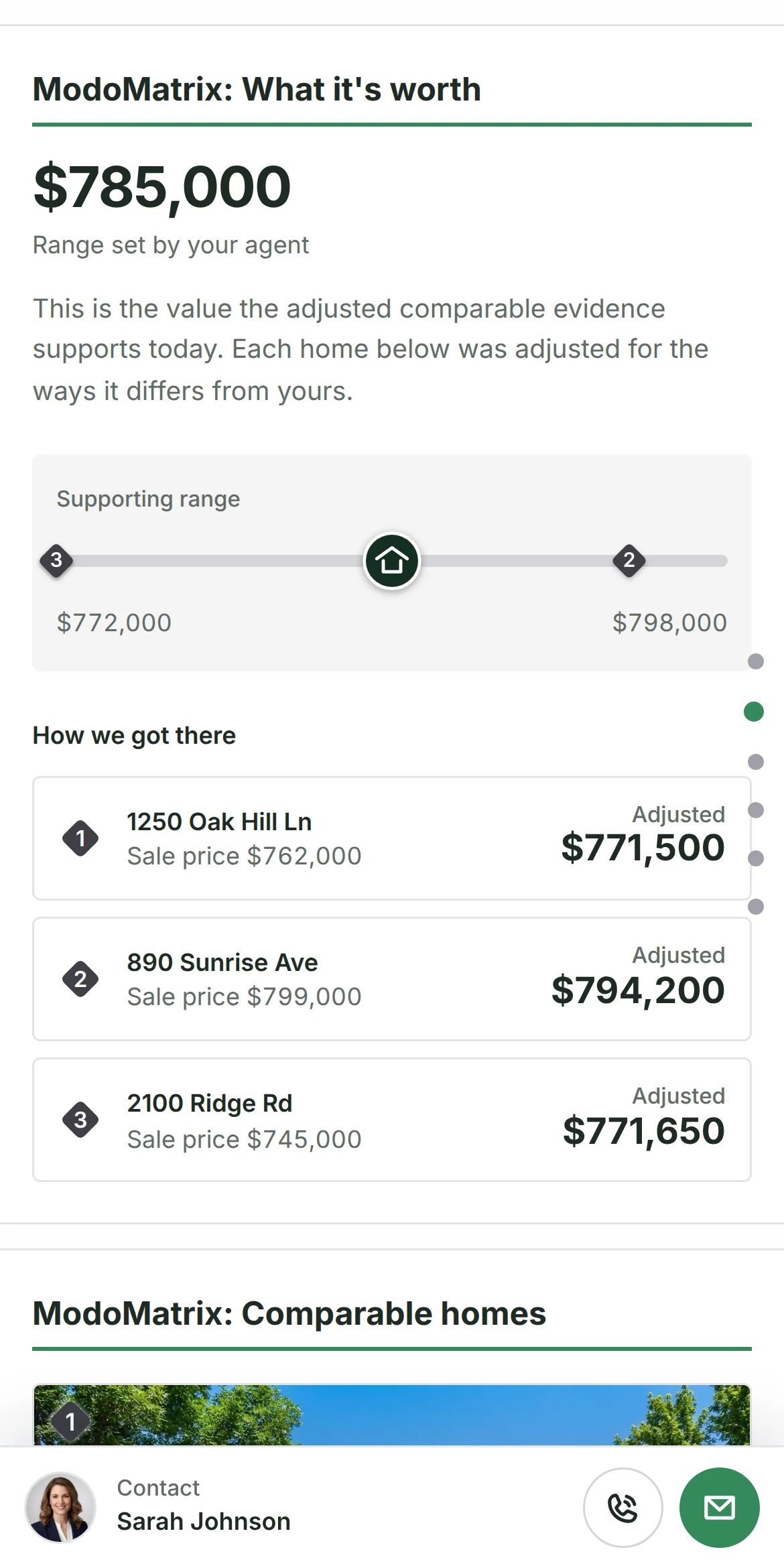 The online report on a phone: What it's worth, $785,000, a supporting range of $772,000 to $798,000, and the three adjusted comparables, with a contact bar for Sarah Johnson.